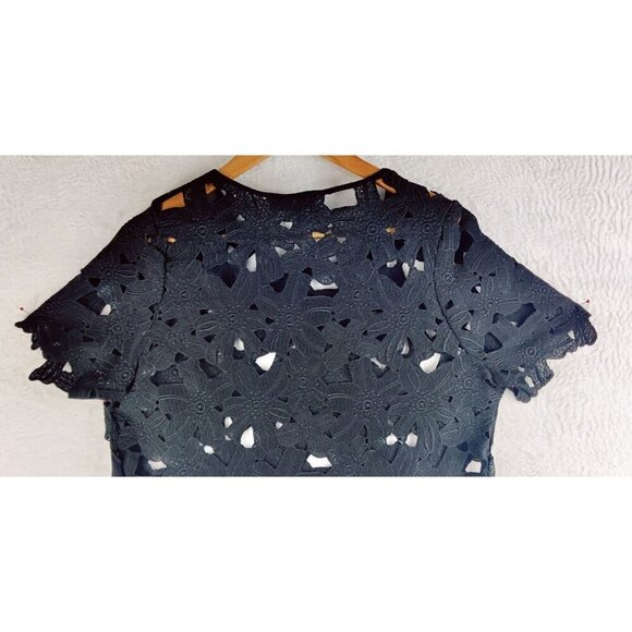 Tunic Top Black Eyelet Emrodrey Floral Short Sleeve Cut-Out Blouse Sz L Boho - Picture 7 of 11